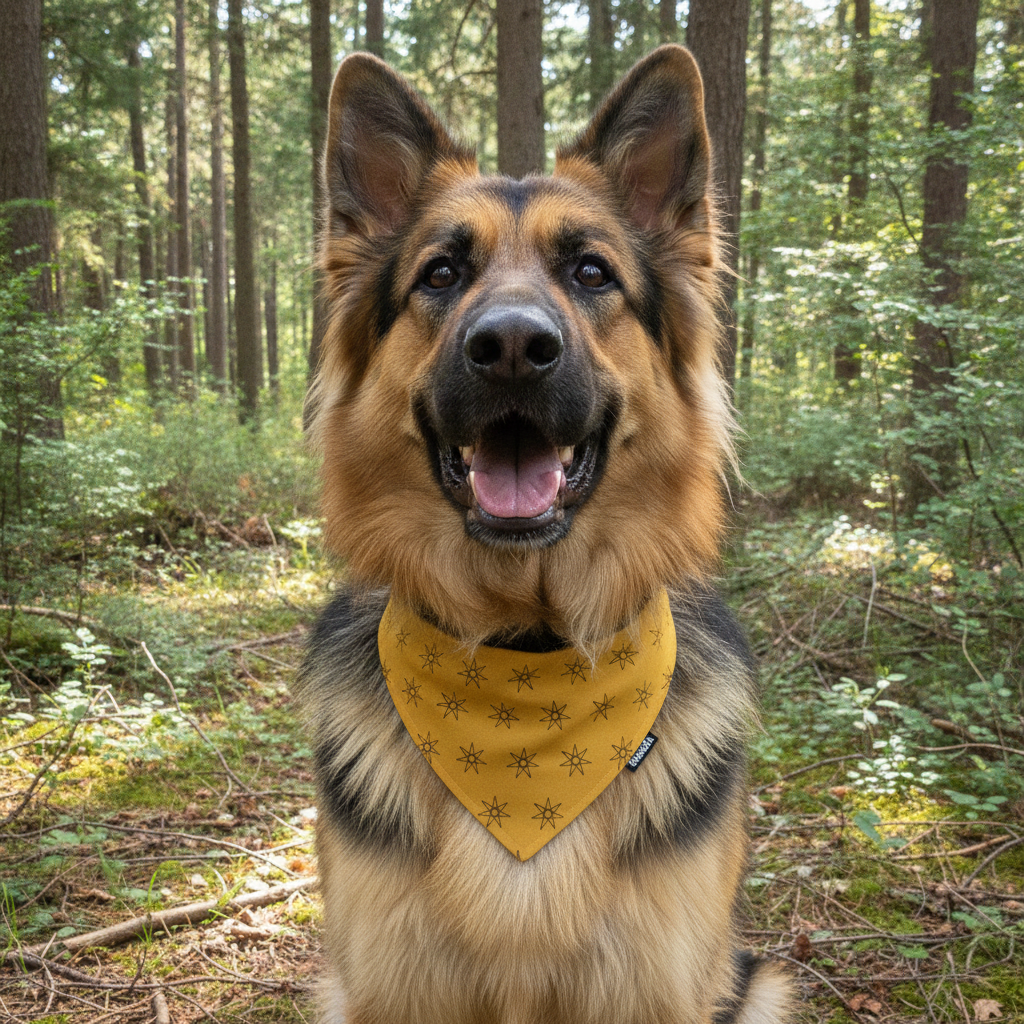 Mustard yellow starburst-pattern pet bandana worn with black collar clips