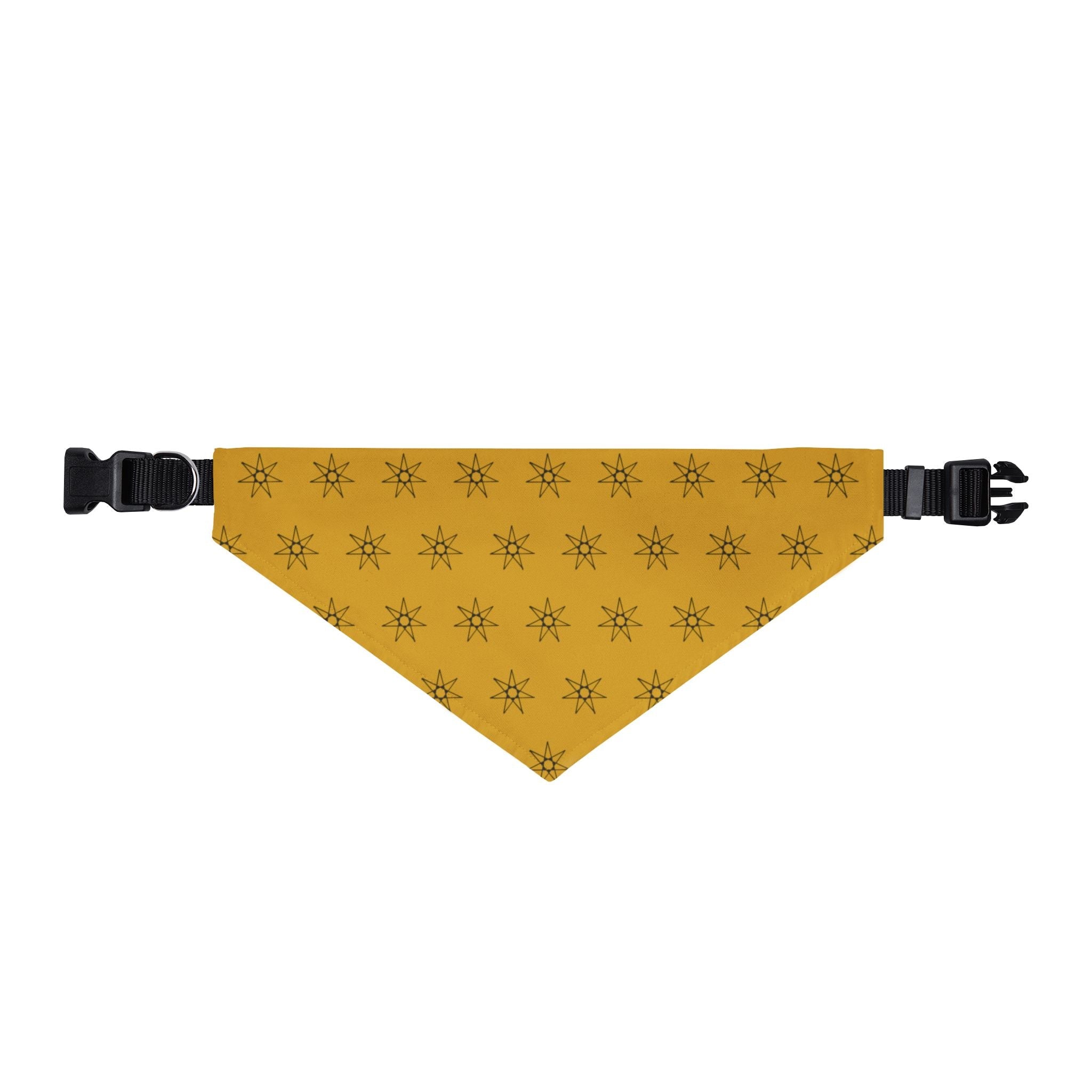 Mustard yellow clip-on dog bandana with black starburst pattern and adjustable buckle straps