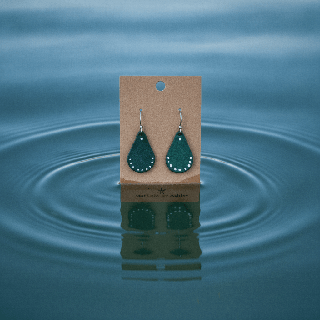 Teal teardrop leather earrings with dot detailing and fishhook backs